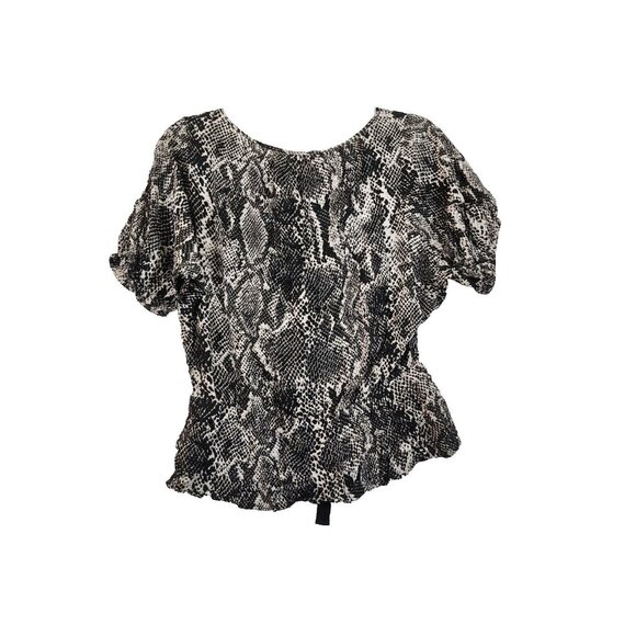 Express Womens S Black Snake Print Short Puff Sleeve Round Neck Tie Front Blouse - Picture 5 of 7